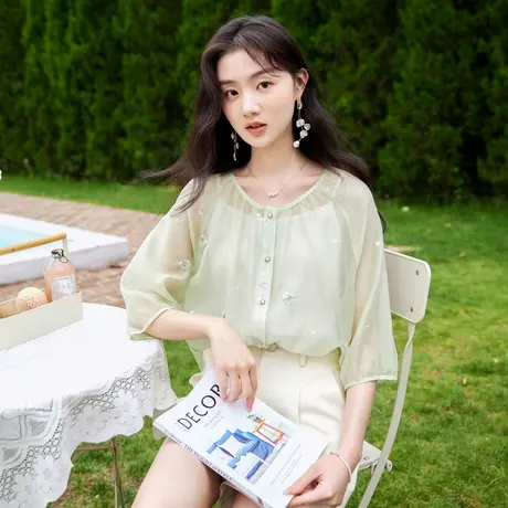 时尚气质天丝短袖衬衫2023年夏季新款淑女温柔圆领显瘦通勤两件套商品大图