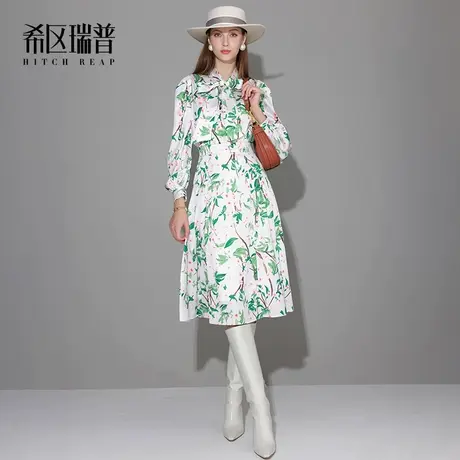 希区瑞普法式印花连衣裙2023新款女秋季度假浪漫花海翻领修身裙子图片