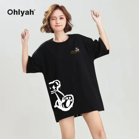 Ohlyah小熊T恤女潮牌涂鸦纯棉圆领宽松学生闺蜜装港风ins打底衫商品大图