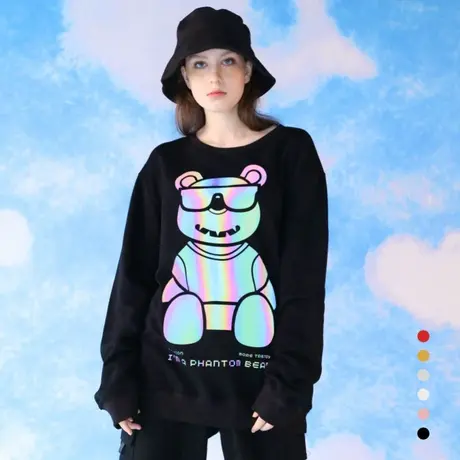 女士卫衣小熊图案反光炸街情侣装秋冬ins潮男女圆领大码长袖学生图片