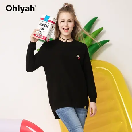 Ohlyah品牌女装毛衣连衣裙粗针黑色中长款显瘦溜肩慵懒风宽松上衣图片