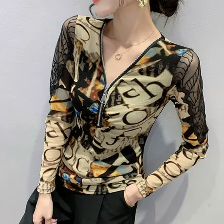 欧货印花网纱T恤女长袖秋季性感镂空V领拉链上衣内搭修身打底衫潮图片