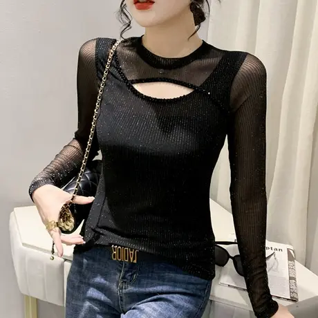 性感镂空网纱T恤女长袖欧货时尚钉珠上衣春秋百搭修身显瘦打底衫商品大图