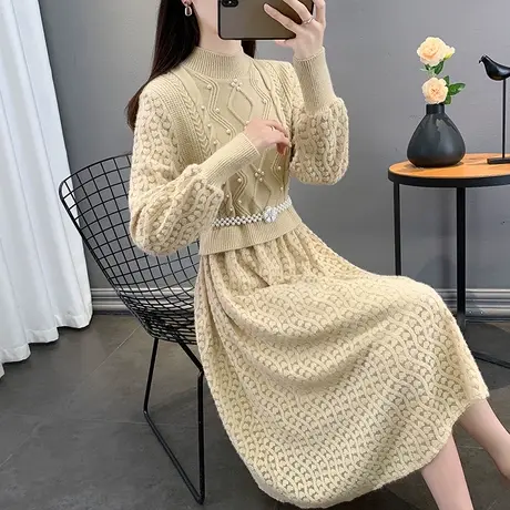 春装女2023年新款韩版修身拼接假两件中长款连衣裙内搭显瘦毛衣裙图片