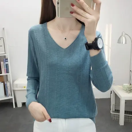 V领套头针织打底衫女春秋2022年新款长袖短款宽松外穿毛衣纯色潮图片