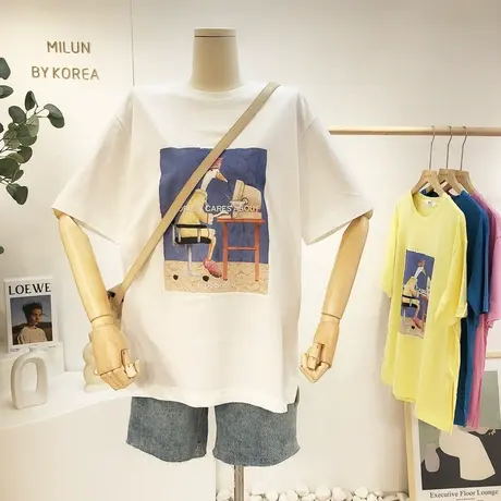 ins原宿风港味休闲潮T恤2021新款夏季韩国东大门小众卡通短袖大码商品大图