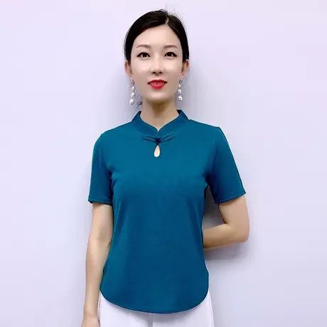 时尚妈妈短袖新中式衬衣女夏季薄款设计感T恤民族风盘扣上衣纯色图片