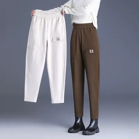 松紧腰时尚休闲裤女秋冬2023新款大码显瘦毛呢哈伦裤九分萝卜裤子商品大图