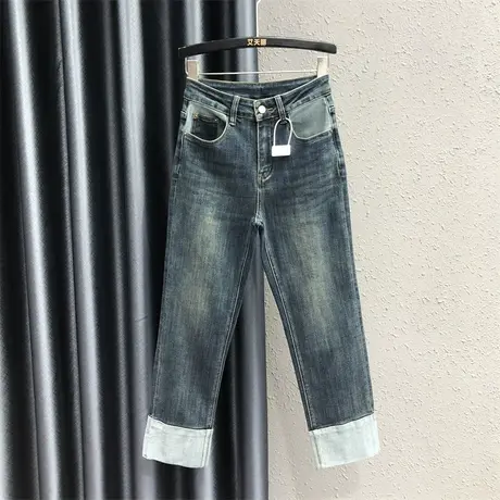 欧货拼接撞色牛仔直筒裤女2023秋季新款减龄韩版高腰显瘦九分裤潮商品大图