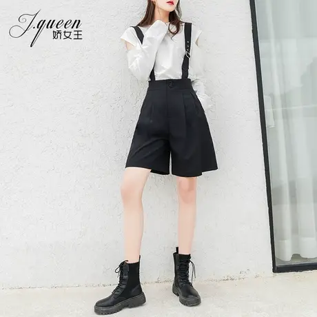 五分短裤女宽松夏季bf风西装中裤黑色高腰显瘦薄款休闲背带裤子商品大图