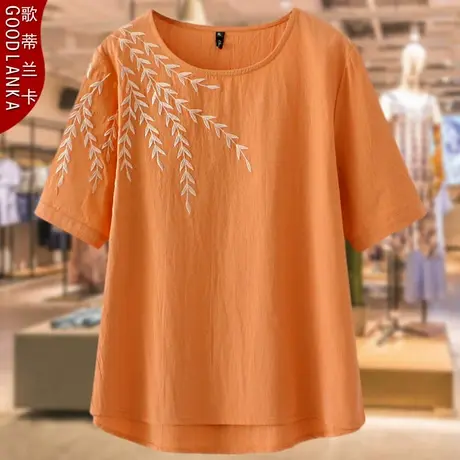 中老年女装短袖纯棉T恤2023新款大码宽松洋气妈妈装刺绣小衫上衣商品大图