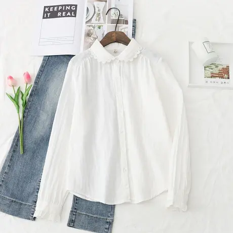 2021秋装双层棉纱长袖衬衫女蕾丝花边白色衬衣宽松百搭学生上衣新商品大图