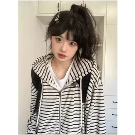 美式连帽开衫条纹卫衣女春秋薄款宽松慵懒风设计感拉链外套小个子商品大图