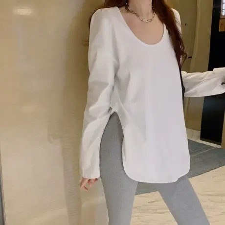 纯棉白色打底衫女秋冬加绒加厚宽松百搭中长款开叉长袖T恤上衣潮商品大图