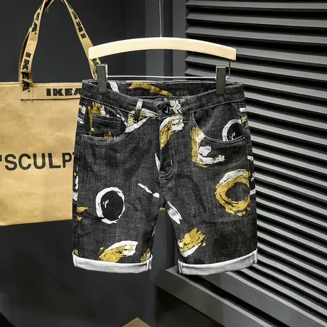 夏季男士短裤五分裤潮牌个性薄款印花透气修身牛仔弹力中腰潮裤子商品大图