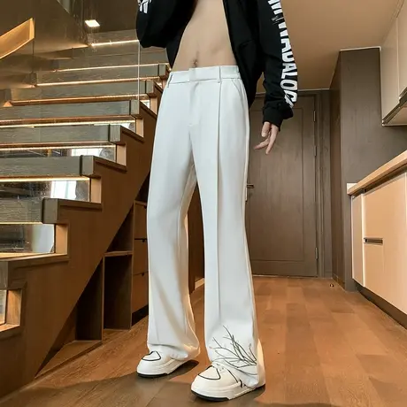 新中式国风刺绣休闲裤子潮牌男冰丝阔腿裤垂坠感高级感直筒西装裤商品大图