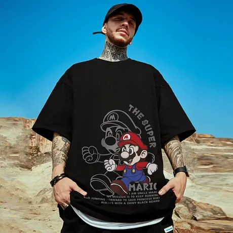 日系潮牌胖子男装大码宽松卡通青少年短袖T恤加肥加大半袖潮流男商品大图