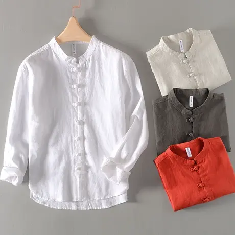 苎麻衬衫男长袖立领复古休闲男装中国风外套男士宽松春秋棉麻衬衣商品大图