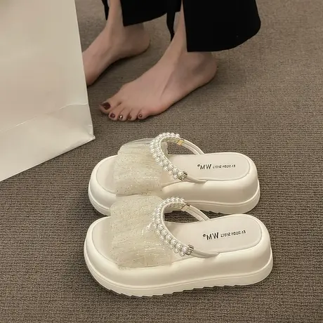 一鞋两穿甜美厚底松糕凉拖鞋女2023夏季新款温柔网纱透气珍珠凉鞋图片