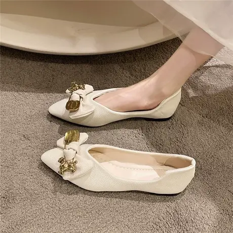 巨软2023夏季新款绿色单鞋女蝴蝶结金属扣软底低帮舒适尖头平底鞋图片