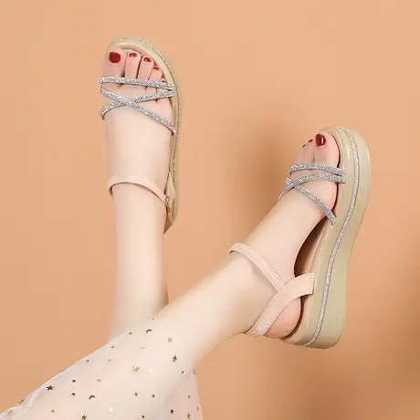 法式高跟凉鞋女夏季厚底增高坡跟2023新款时尚水钻高级感沙滩凉鞋图片