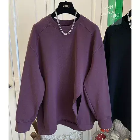 春秋款大码圆领开叉卫衣女装新款胖mm休闲慵懒风宽松上衣服200斤商品大图