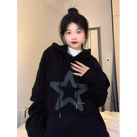 卫衣女新款春秋大码胖mm连帽加绒美式复古加厚宽松学生上衣200斤商品大图