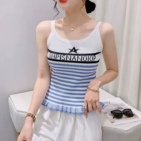 时尚木耳边背心女2024夏季新款条纹吊带内搭短款小衫刺绣无袖上衣商品大图