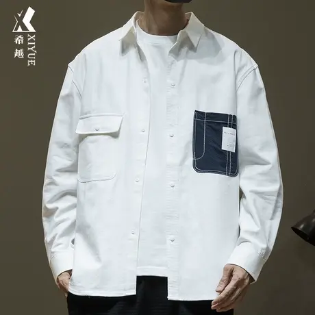 希越拼接撞色牛仔衬衫男2024春季设计感翻领夹克宽松大码男友衬衣图片