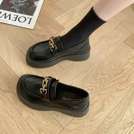 一脚蹬英伦乐福鞋女春秋厚底2023新款女鞋子黑色显脚小松糕小皮鞋商品大图