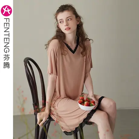 芬腾睡裙少女纯棉短袖春夏季薄款宽松韩版大码夏天家居服睡衣短裙商品大图