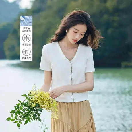 茵曼时尚通勤T恤2023夏季女装新款修身显瘦撞色V领正肩短袖上衣商品大图