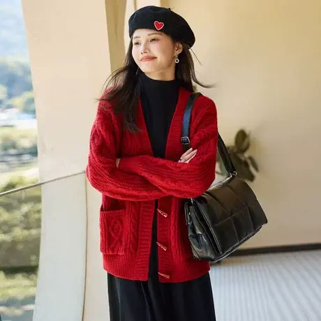 时尚气质毛衣开衫2023秋季新款女士长袖宽松厚款韩版牛角扣上衣商品大图