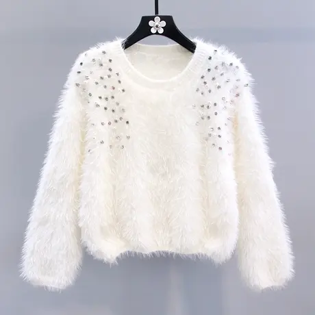 重工钉钻水貂绒小香风毛衣女秋冬2023新款日系宽松洋气针织衫上衣商品大图