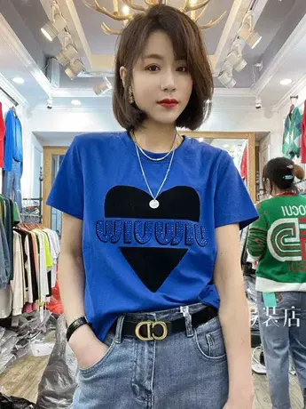 短袖女设计感小众夏季新款2023烫钻遮肚子上衣百搭休闲半袖女装潮商品大图