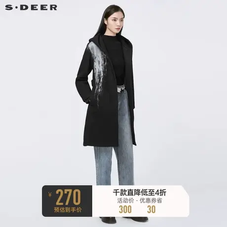 sdeer圣迪奥冬季休闲连帽撞色印花收腰长款毛呢大衣女S20481807图片
