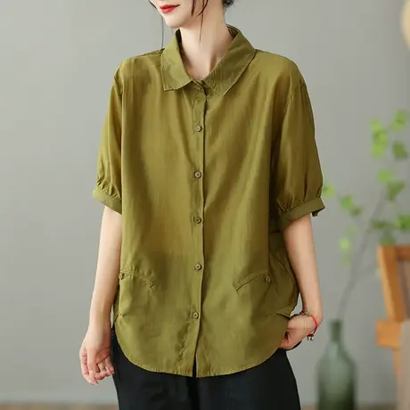 dza 复古翻领白色女士衬衫2023夏季薄款外搭衬衣宽松百搭开衫上衣商品大图