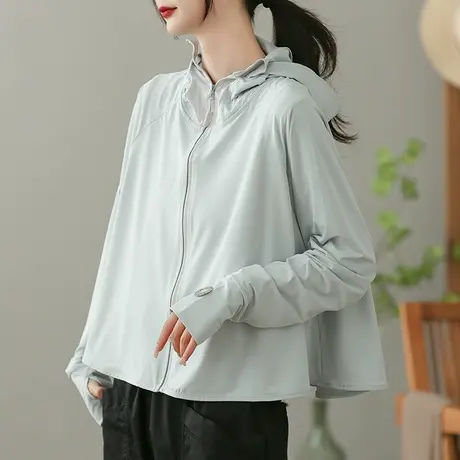 dza 纯色连帽防晒衣女2023夏薄款休闲开衫短外套宽松显瘦外搭上衣图片
