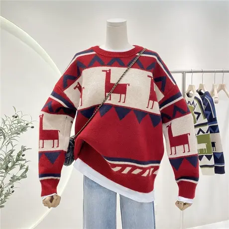 复古提花小鹿设计感小众毛衣女秋冬2022新款宽松显瘦针织衫女上衣商品大图