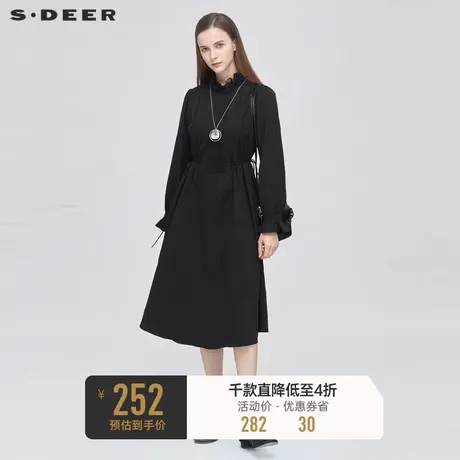 sdeer圣迪奥冬季女装复古蕾丝风琴褶收腰长袖黑色连衣裙S20481221🖼图片