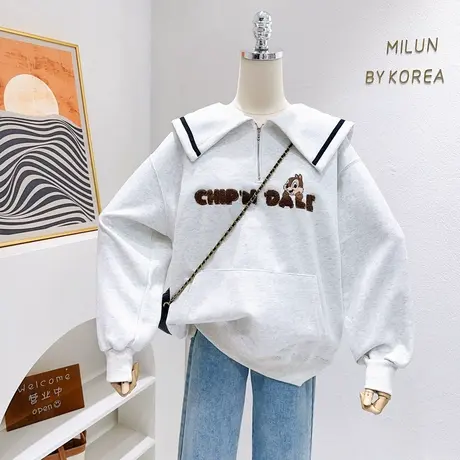 微胖显瘦穿搭上衣2023秋季款韩代款海军领长袖卫衣外套ins设计感商品大图