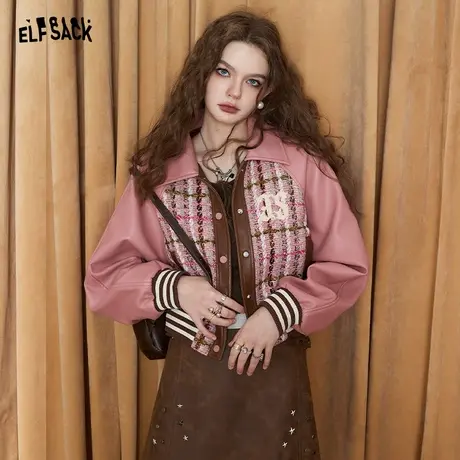 妖精的口袋短款拼接粗花呢外套女2023秋季新款美式甜心皮衣短外套图片