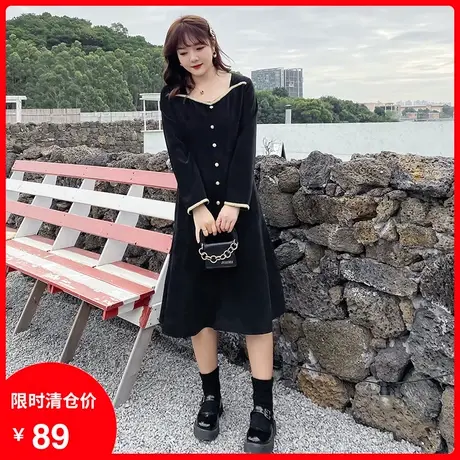 秋冬新款大码胖妹妹显瘦遮肉法式小方领过膝中长款A字气质连衣裙图片