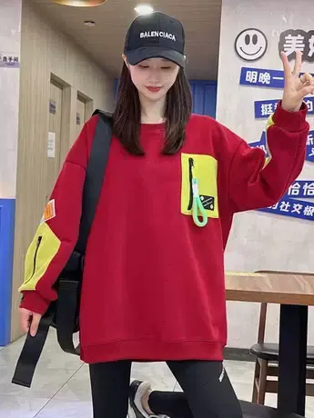 2023秋季新款拼色袖拉链款圆领卫衣百搭宽松时尚长袖上衣ins潮流图片