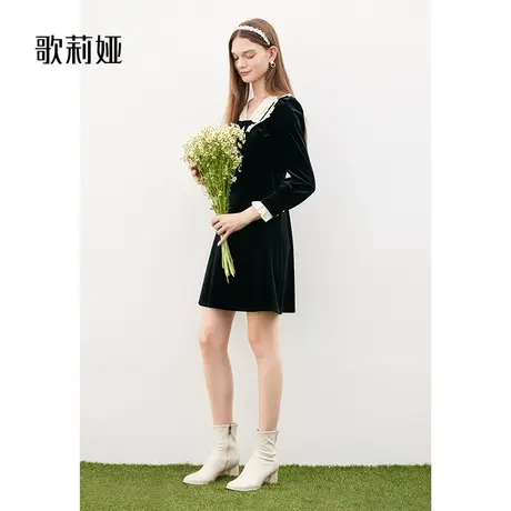 歌莉娅丝绒拼接连衣裙女春秋新款高级感气质公主礼服裙小个子裙子商品大图
