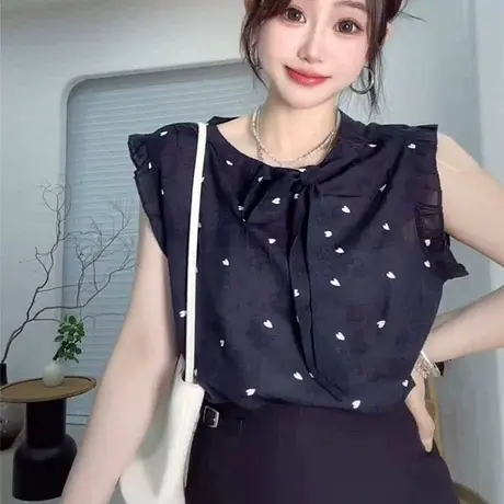 韩版设计感木耳边拼接衬衫女夏季新款薄款爱心蝴蝶结别致漂亮上衣商品大图