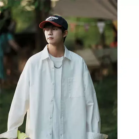 春秋季长袖衬衫男士日系ins百搭纯色衬衣潮牌青少年宽松休闲外套商品大图