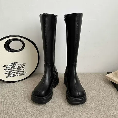 复古长靴女2023新款秋季增高厚底显瘦长筒靴黑色高级配裙子骑士靴商品大图