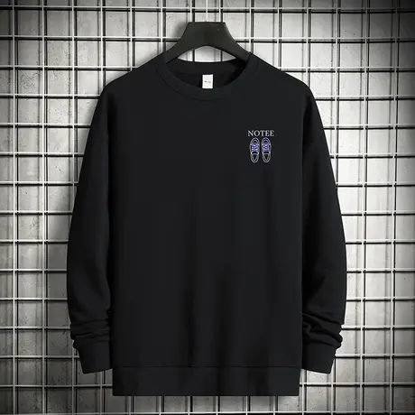 重磅纯棉黑色卫衣男圆领无帽上衣潮流宽松摇粒绒加绒加厚保暖长袖商品大图