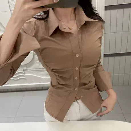 当天发 Onoev MH280气质女人味~性感褶皱收腰修身长袖衬衫商品大图